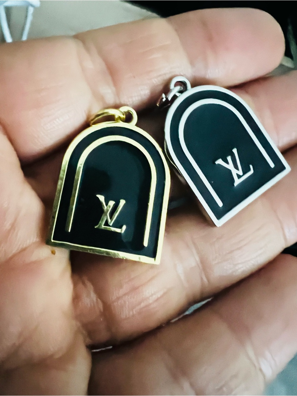 Black Enamel LV Charm Set with Gold and Silver Hardware bundle
